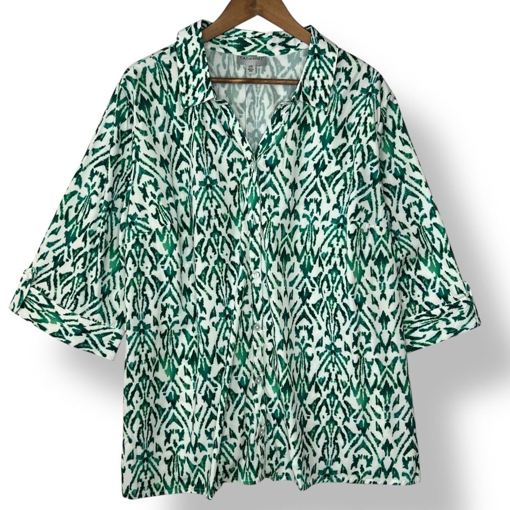 Catherines 2XWP Petite Green White‎ Abstract Ikat Button Up The Timeless Blouse